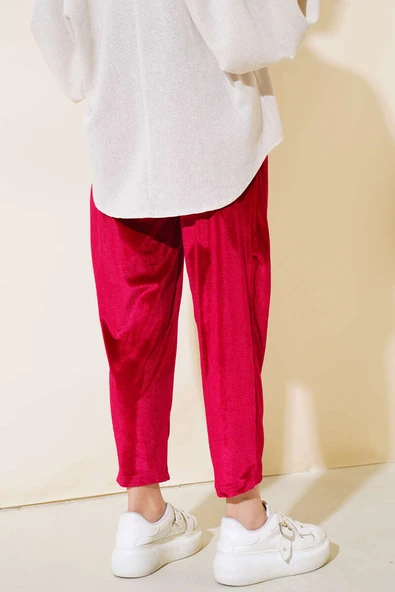 Düğmeli Kadife Pantolon Fuşya - Resim 3