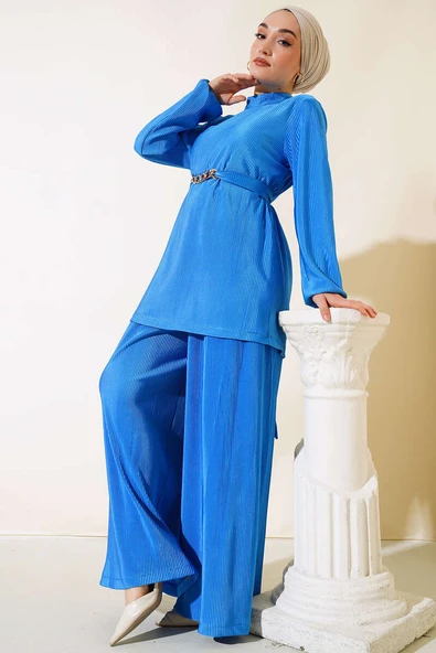 Kuşak Aksesuarlı Takım Saks Mavisi ürün görseli 1