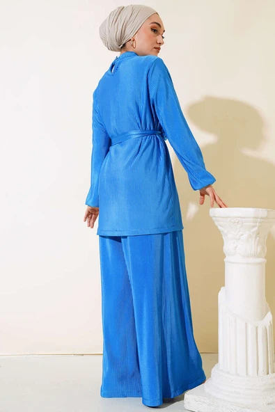 Kuşak Aksesuarlı Takım Saks Mavisi - Resim 3