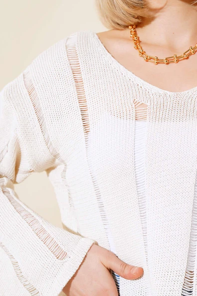 V Yaka Örgü Crop Bej - Resim 4