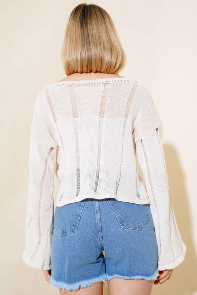 V Yaka Örgü Crop Bej - 3