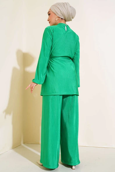 Kuşak Aksesuarlı Takım Fıstık Yeşili - Resim 3