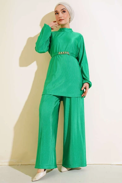 Kuşak Aksesuarlı Takım Fıstık Yeşili - Resim 2