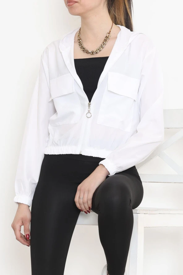 Çift Cepli Crop Yağmurluk Beyaz - 17743.1247. - 7