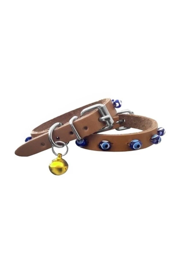 Doggie Deri Nazar Boncuklu Kedi Ve Köpek Tasması 1,2x25-29 Cm Camel Large