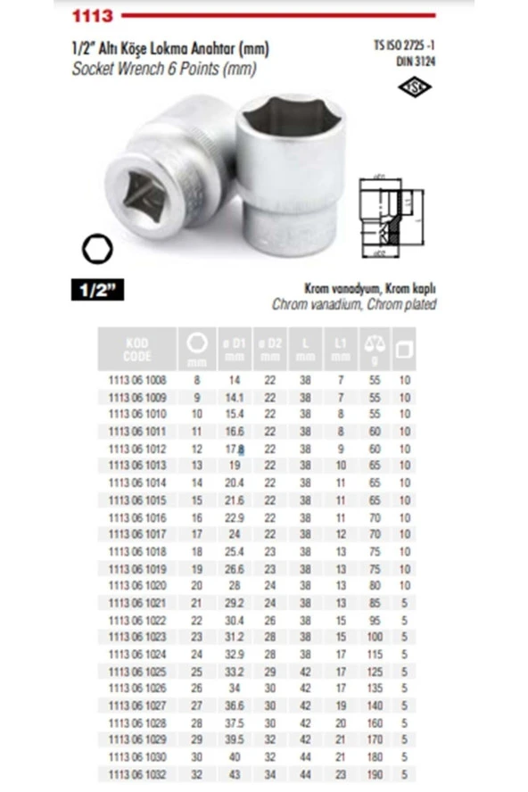 İzeltaş 26 Mm 1/2 Altı Köşeli Lokma Anahtar 1113 06 1026 ürün görseli