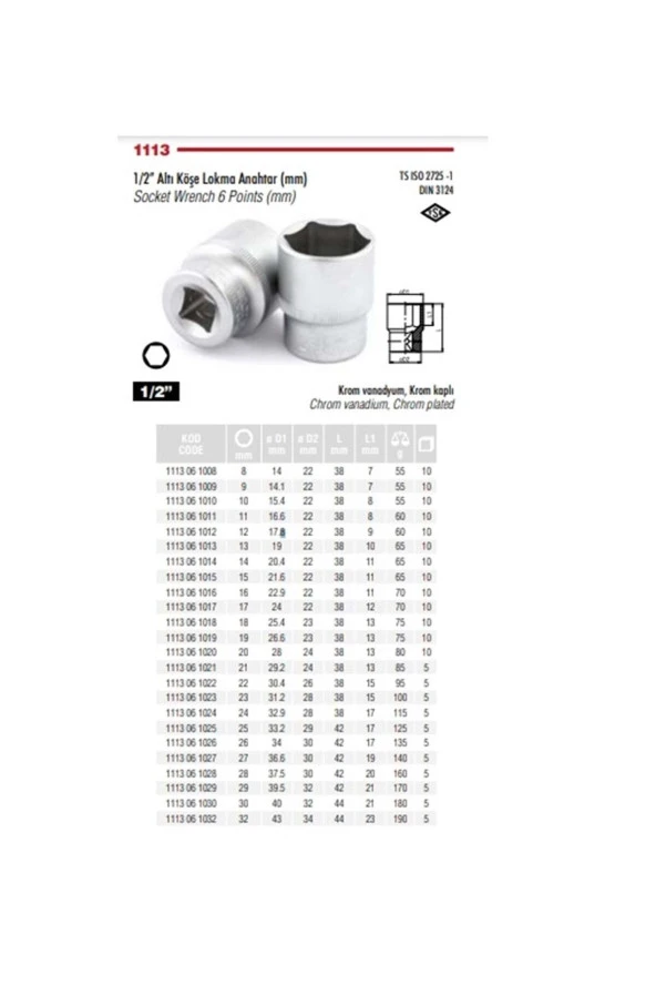 İzeltaş 23 Mm 1/2 Altı Köşeli Lokma Anahtar 1113 06 1023 ürün görseli