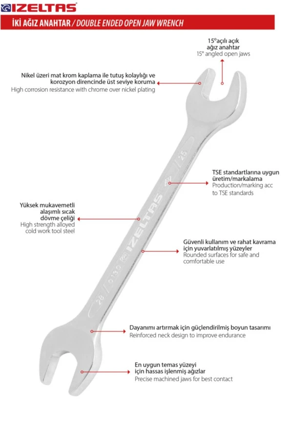 İzeltaş Iki Ağız Anahtar Kısa Boy 22 X 24 Mm 0100 01 2224. - Resim 3
