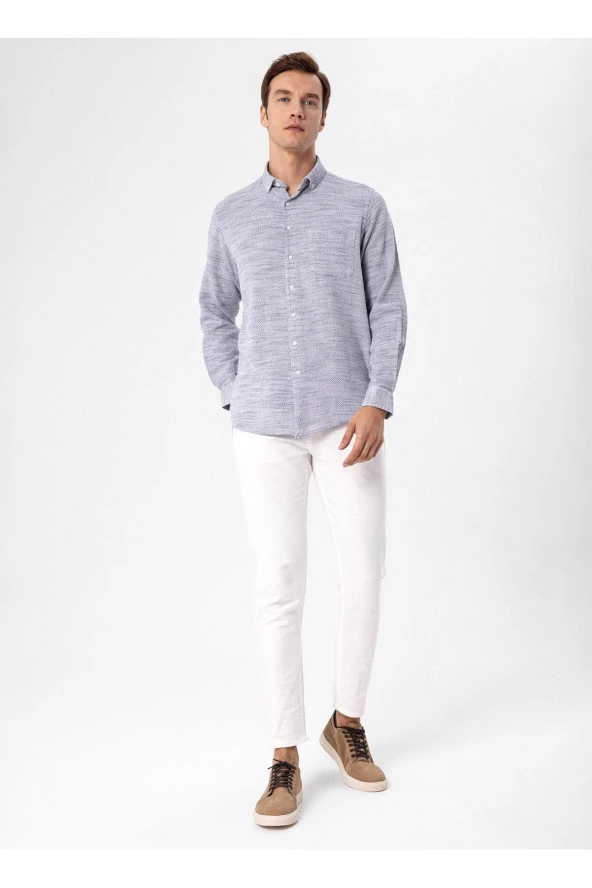 Süvari Regular Fit Düğmeli Yaka Düz Lacivert Erkek Gömlek GM1008300078 - Resim 2