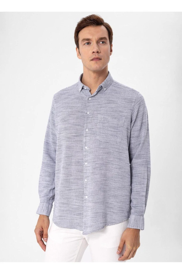 Süvari Regular Fit Düğmeli Yaka Düz Lacivert Erkek Gömlek GM1008300078 - Resim 3