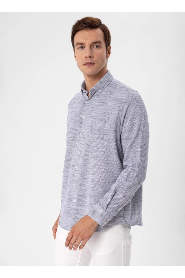 Süvari Regular Fit Düğmeli Yaka Düz Lacivert Erkek Gömlek GM1008300078 - Resim 5