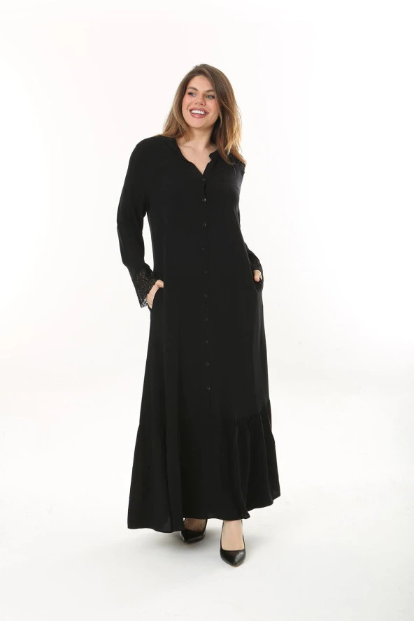 Shine Kadın Büşra Büyük Beden Volanlı Cepli Viskon Siyah Elbise