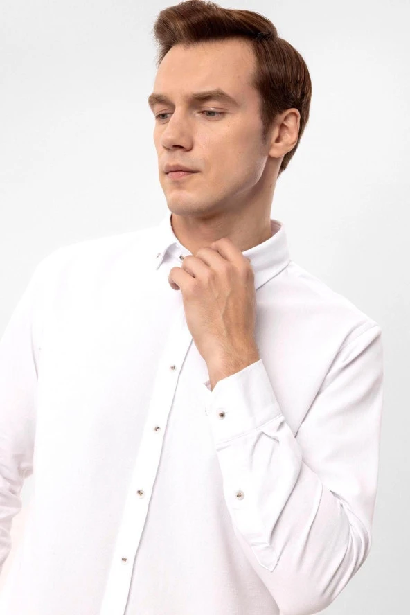 Köşeli Manşet Slim Kalıp Armürlü Gömlek - Resim 4