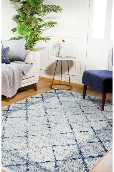 Modern Lacivert Dijital Baskı Hipoalerjenik Kaymaz Taban Halı Yolluk HA172 - Resim 4