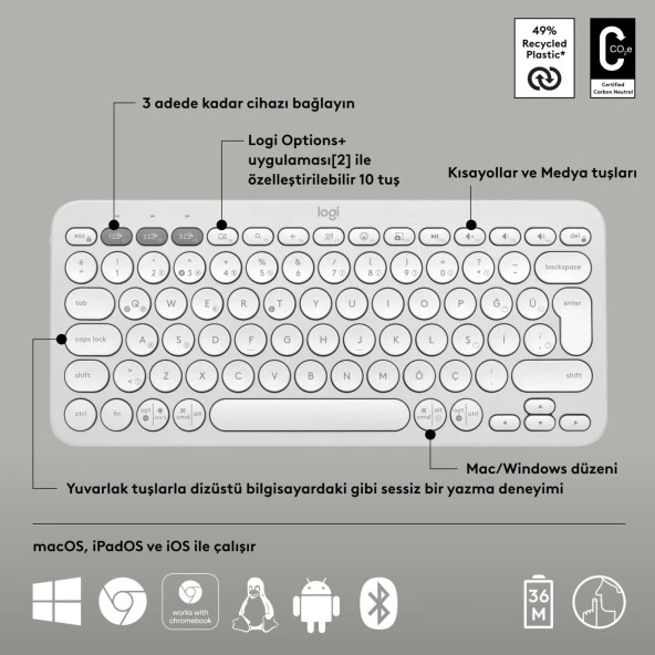 Logitech Pebble Keys 2 Çoklu Cihaz Özellikli Bluetooth Türkçe Q Klavye - Beyaz - 6