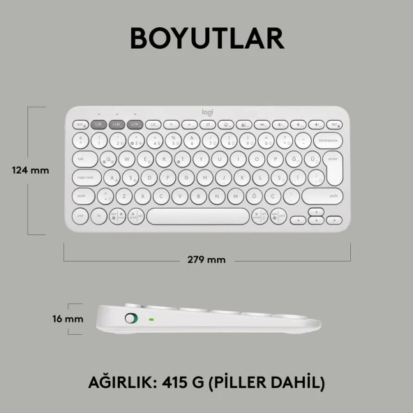 Logitech Pebble Keys 2 Çoklu Cihaz Özellikli Bluetooth Türkçe Q Klavye - Beyaz - 9