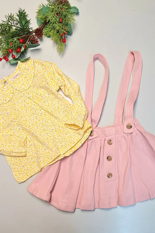 Sarı Pembe Kız Bebek Etekli Takım Hediyelik Bebek Giyim