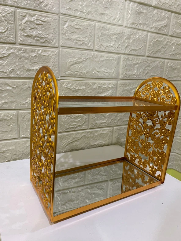 2 Katlı Aynalı Cam Makyaj Organizeri Takı Organizeri Kozmetik Organizer Gold İşlemeli - 2