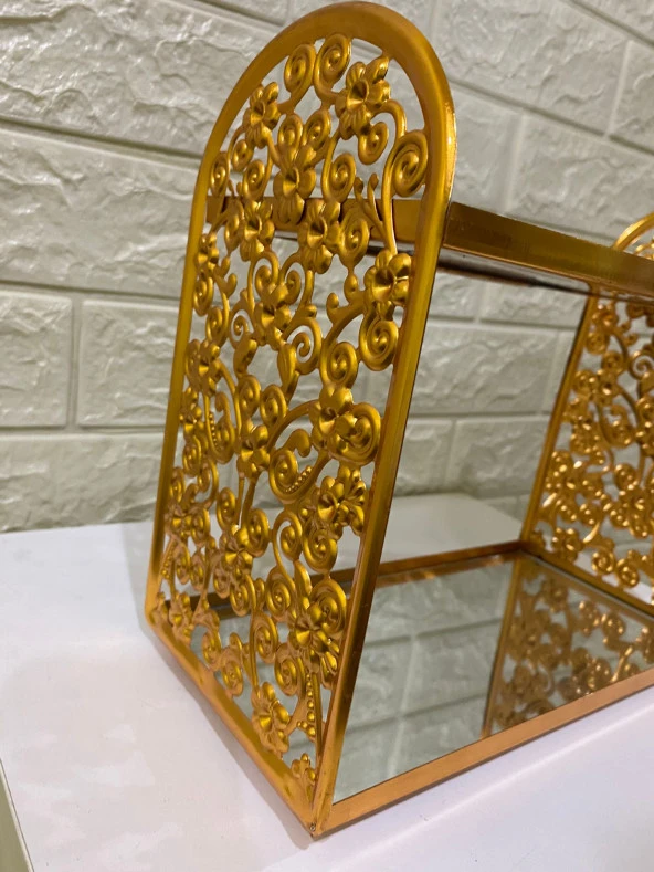 2 Katlı Aynalı Cam Makyaj Organizeri Takı Organizeri Kozmetik Organizer Gold İşlemeli - 4