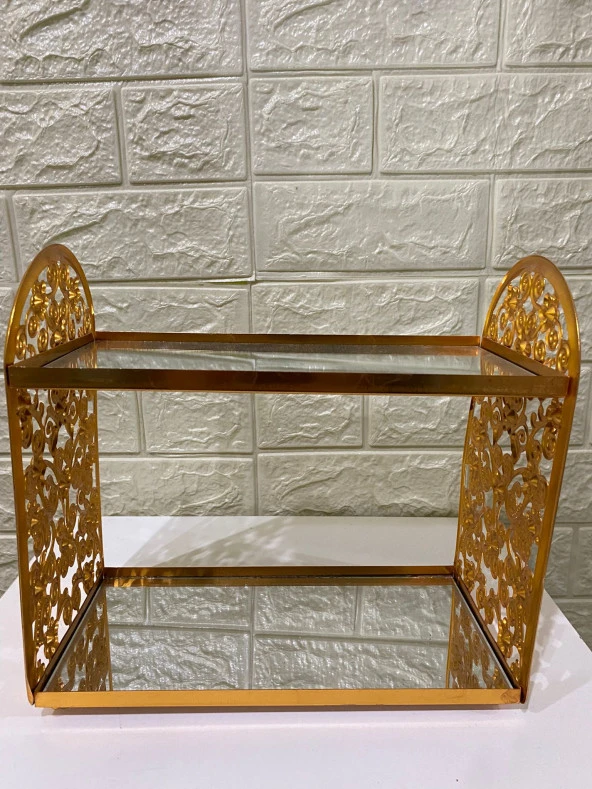 2 Katlı Aynalı Cam Makyaj Organizeri Takı Organizeri Kozmetik Organizer Gold İşlemeli - 5