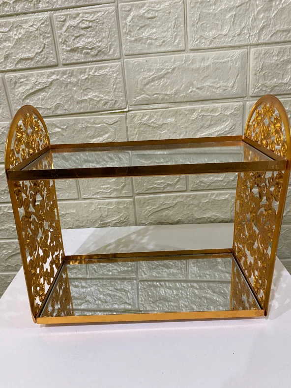 2 Katlı Aynalı Cam Makyaj Organizeri Takı Organizeri Kozmetik Organizer Gold İşlemeli - 8