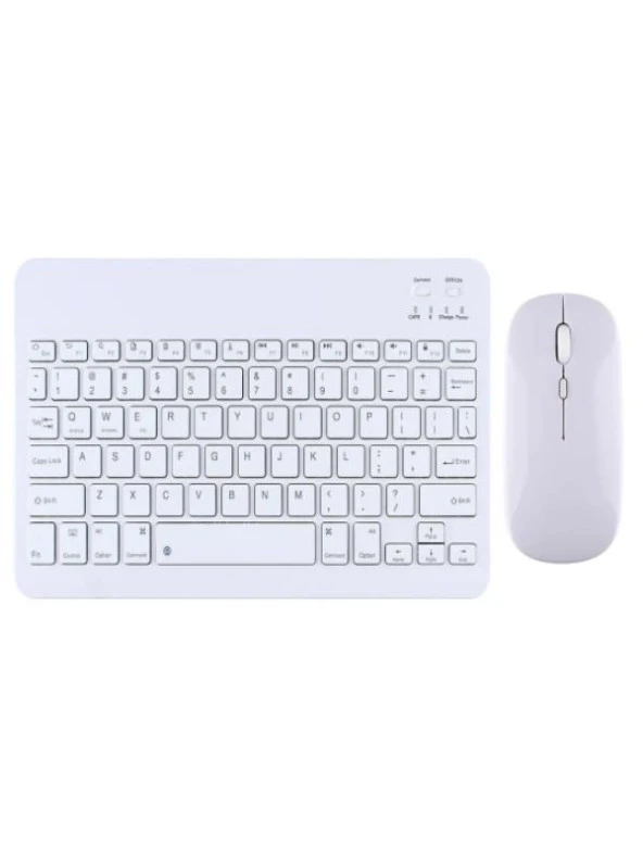 Full HD Tablet 10.1" Uyumlu Kablosuz Bluetooth Şarj Edilebilir Mini Q Klavye Mouse Seti - Beyaz