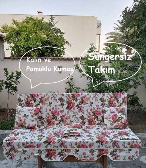 Mandaş Süngersiz 3 Kişilik Salıncak Minder Seti (Pamuklu Kumaş)-İngiliz Gülü Pembe - 3