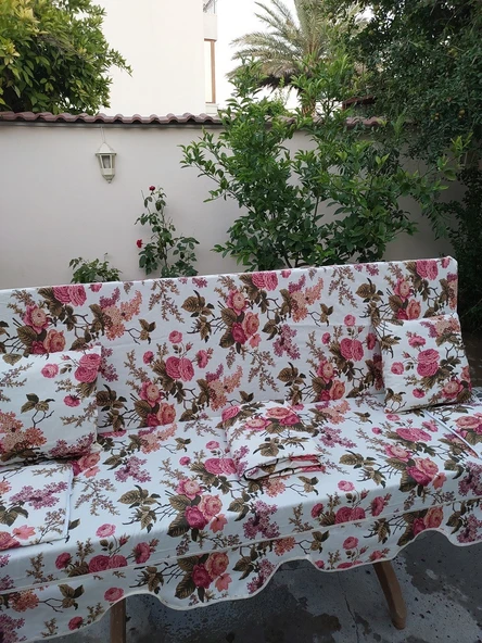 Mandaş Süngersiz 3 Kişilik Salıncak Minder Seti (Pamuklu Kumaş)-İngiliz Gülü Pembe - 2