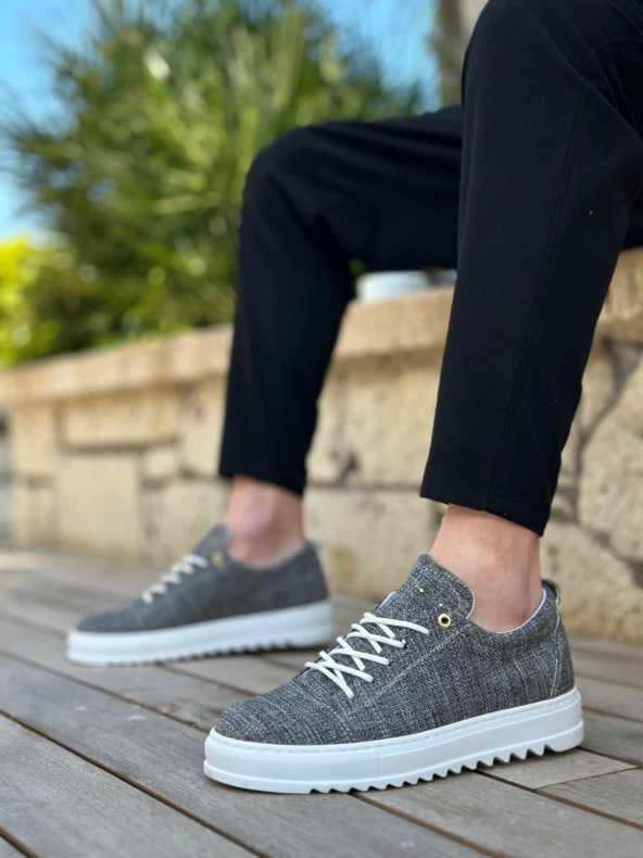 BA0152 Bağcıklı Yüksek Taban Gri Kırçıllı Keten Erkek Ayakkabı ürün görseli 1