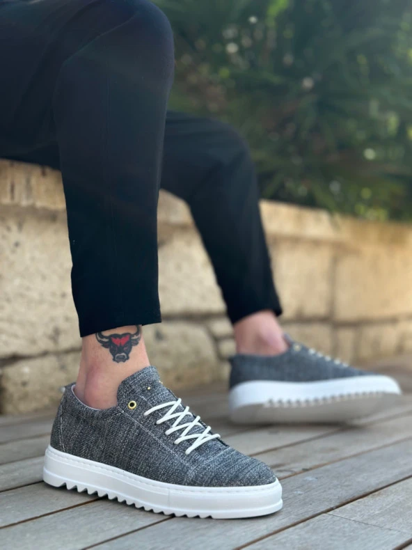 BA0152 Bağcıklı Yüksek Taban Gri Kırçıllı Keten Erkek Ayakkabı - Resim 2