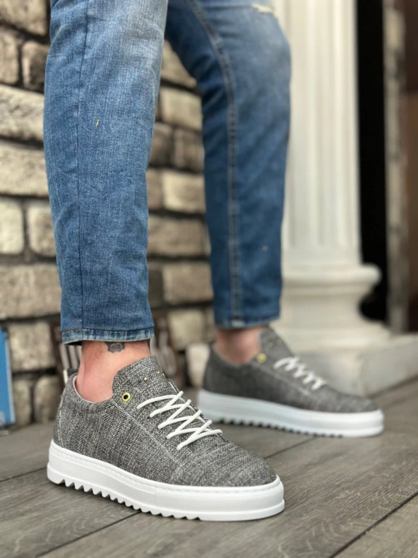 BA0152 Bağcıklı Yüksek Taban Gri Kırçıllı Keten Erkek Ayakkabı - Resim 4