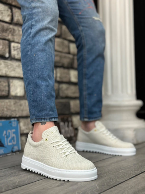 BA0152 Bağcıklı Yüksek Taban Krem Keten Erkek Ayakkabı - Resim 4