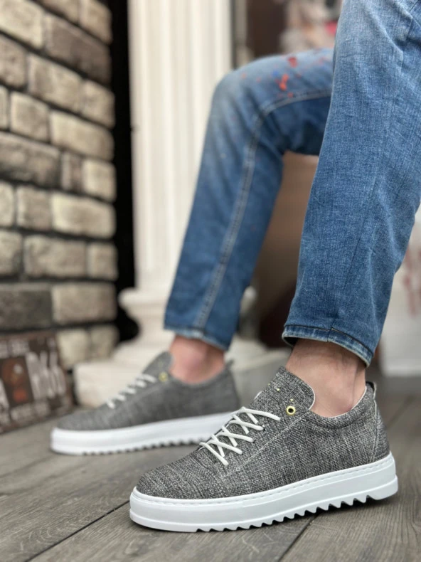 BA0152 Bağcıklı Yüksek Taban Gri Kırçıllı Keten Erkek Ayakkabı - Resim 5