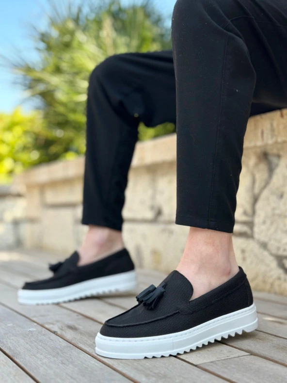 BA0154  Bağcıksız Yüksek Taban Keten Siyah Renk Püsküllü Erkek Ayakkabı - Resim 3