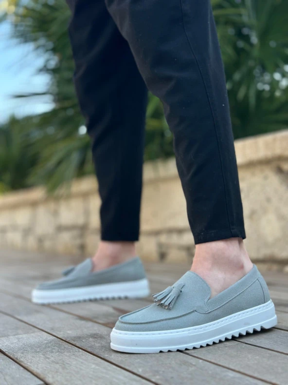 BA0154 Bağcıksız Yüksek Taban Gri Süet Püsküllü Erkek Ayakkabı - Resim 2