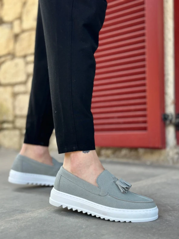 BA0154 Bağcıksız Yüksek Taban Gri Süet Püsküllü Erkek Ayakkabı - Resim 3