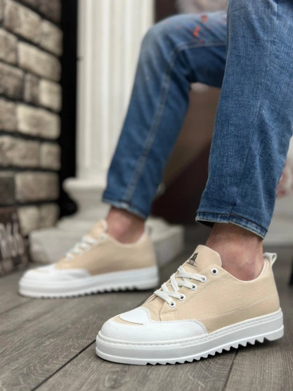 BA0328 BOA Kalın Yüksek Taban Smile Desenli Krem Spor Erkek Ayakkabı - Resim 2