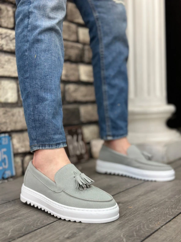 BA0154 Bağcıksız Yüksek Taban Gri Süet Püsküllü Erkek Ayakkabı - Resim 5