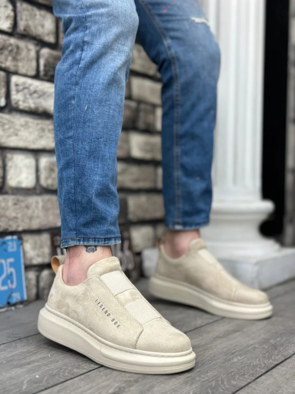 BA0307 BOA Kalın Süet Yüksek Taban Çift Bant Bej Erkek Ayakkabı - Resim 4