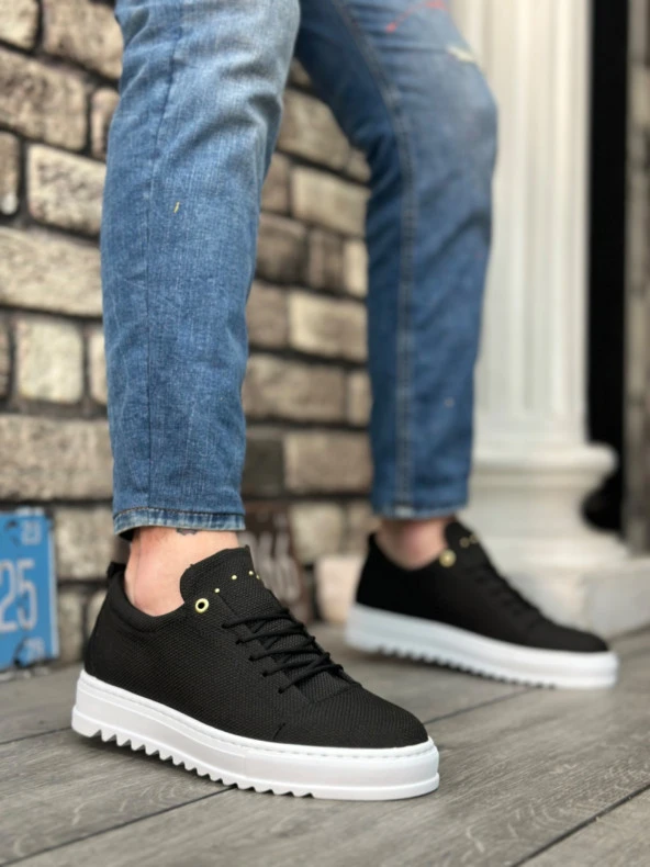 BA0152 Bağcıklı Yüksek Taban Siyah Keten Erkek Ayakkabı - Resim 4