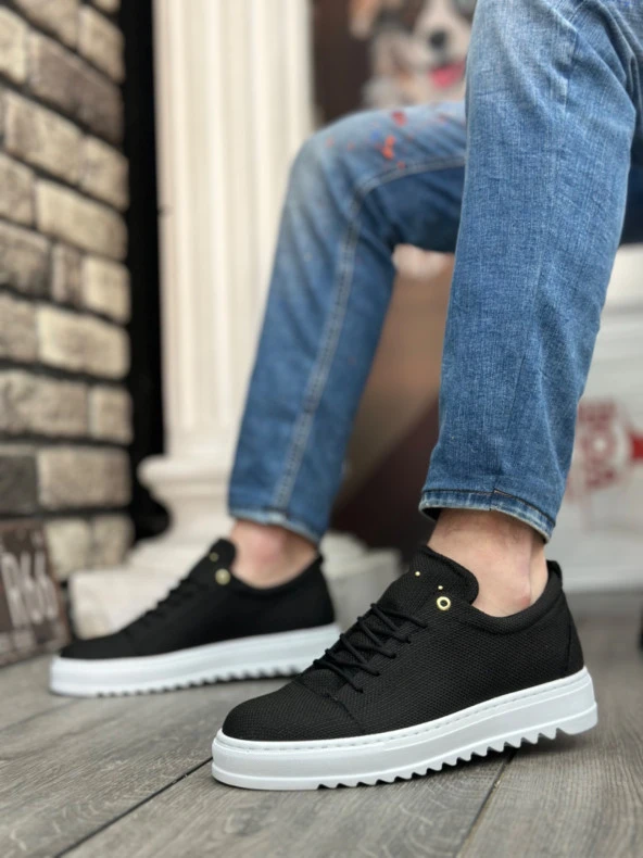 BA0152 Bağcıklı Yüksek Taban Siyah Keten Erkek Ayakkabı - Resim 5