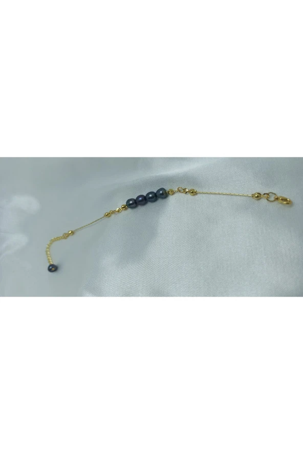 24k Altın Kaplama 7-8 mm Gerçek Siyah İnci Tasarım Bileklik - 1