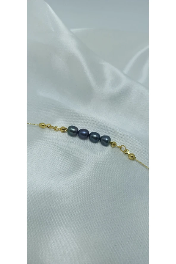 24k Altın Kaplama 7-8 mm Gerçek Siyah İnci Tasarım Bileklik - 3