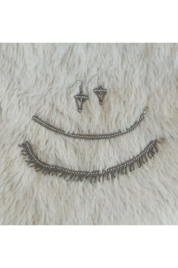 Şık Tasarım Bohem Kum Boncuk Örme Işleme Halhal Bileklik Küpe Seti