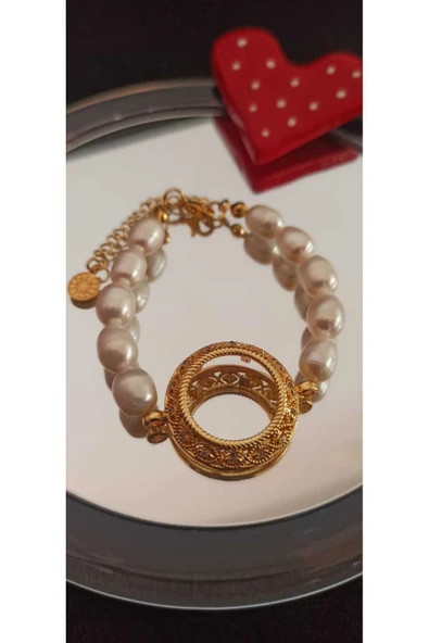 Kaplama  İnci Detaylı Çeyrek Altın Çerçevesi Kasası Çevresi  İnci Bileklik Beyaz Tek Ebat - Resim 3