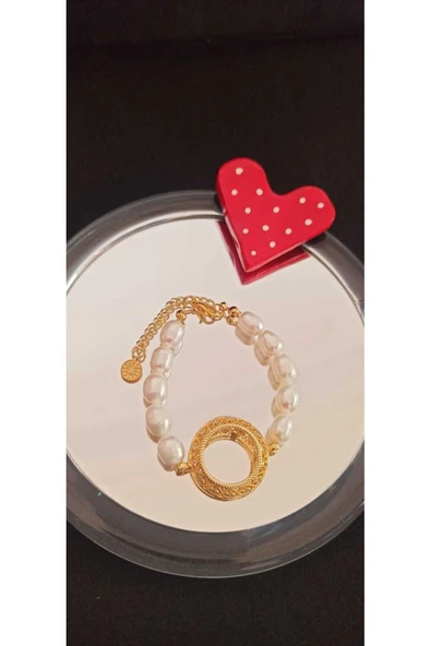 Kaplama  İnci Detaylı Çeyrek Altın Çerçevesi Kasası Çevresi  İnci Bileklik Beyaz Tek Ebat - Resim 2