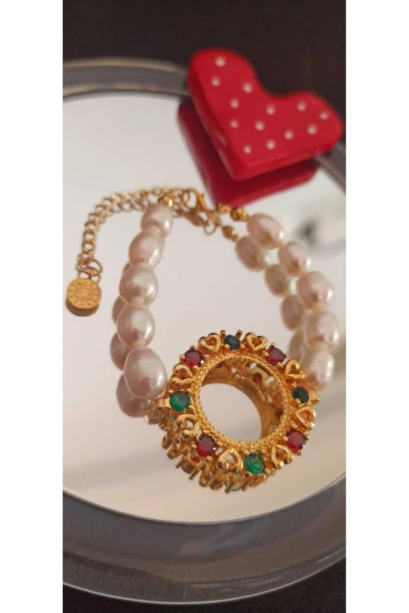 24k Altın Kaplama Gerçek İnci Renkli Zirkon Taşlı Çeyrek Altın Çerçevesi Kasası Çevresi ürün görseli