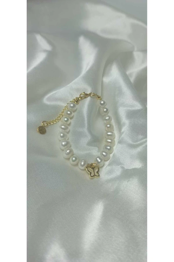 24k Altın Kaplama Gerçek inci Kelebek Detaylı Trend Bileklik ürün görseli