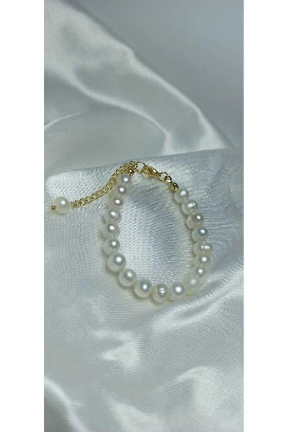 24k Altın Kaplama 8-9 mm Gerçek İnci Sade Bileklik - 2
