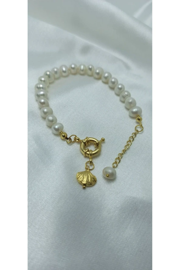 24k Altın Kaplama Gerçek Inci Dümen Kapama Istiridye Detaylı Tasarım Bileklik Hediyelik ürün görseli